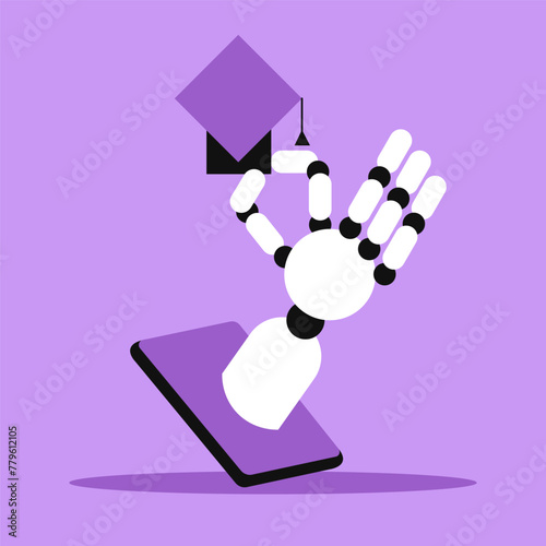 AI Online Education. Students study online in phone application with the help of an AI robot assistant. E-learning concept. Cute cartoon robot. Chatbot technology. Flat vector illustration.
