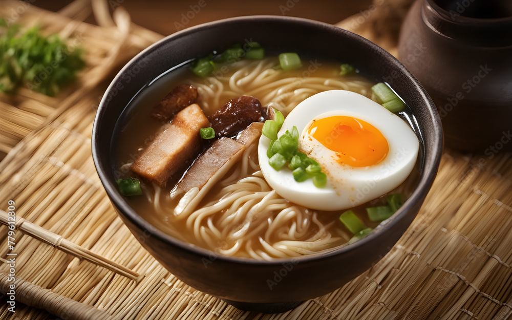 Japanese ramen, rich broth, soft-boiled egg, bamboo background, steamy with natural light