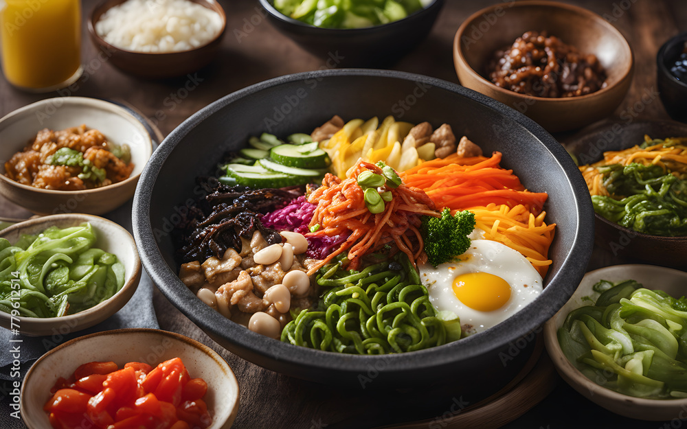 Korean bibimbap, colorful toppings, stone bowl, vibrant, natural window light