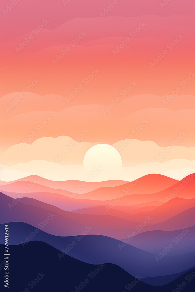 Flat art vector of sunset on the mountain