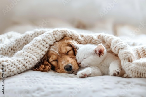English Cocker spaniel puppy cuddles kitten under white blanket at home Space for text photo