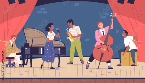 Jazz band characters concert. Musician playing retro piano, singing vocalist saxophonist artist stage performance african cultural music festival concept classy vector illustration