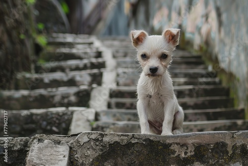 Famous Lapa staircase in Rio with small white dog photo