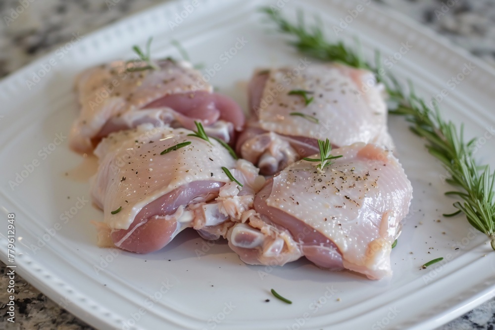 Raw chicken thighs, salted with rosemary on a white plate.