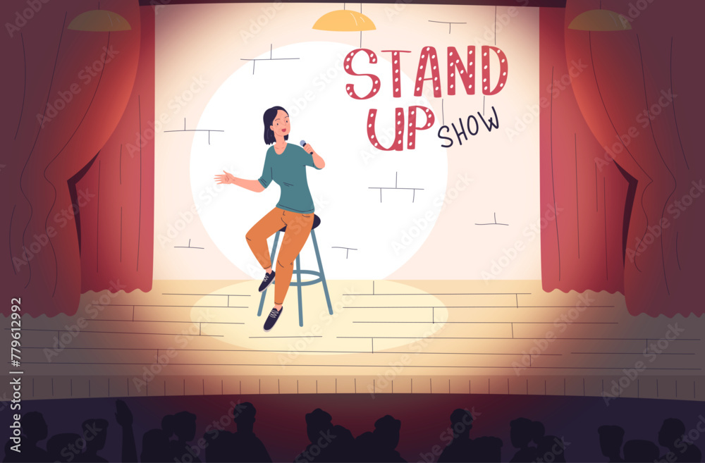 Obraz premium Standup comedian. Stand up person on stool speaking monologue at scene stand-up comedy humor show, laughing people performance theatre stage background classy vector illustration