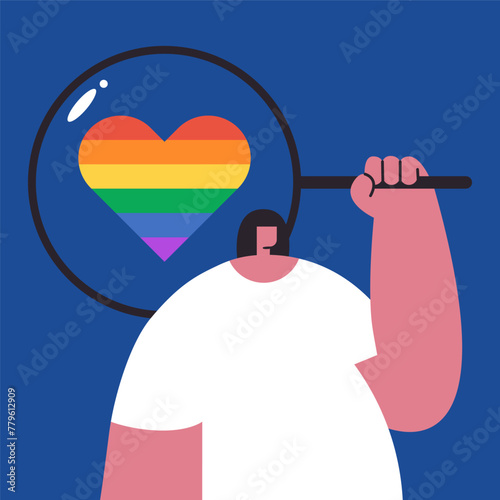 Stop Homophobia. 17 may. LGBT Pride rainbow hand protest symbol. Girl searching heart. Flat vector illustration.