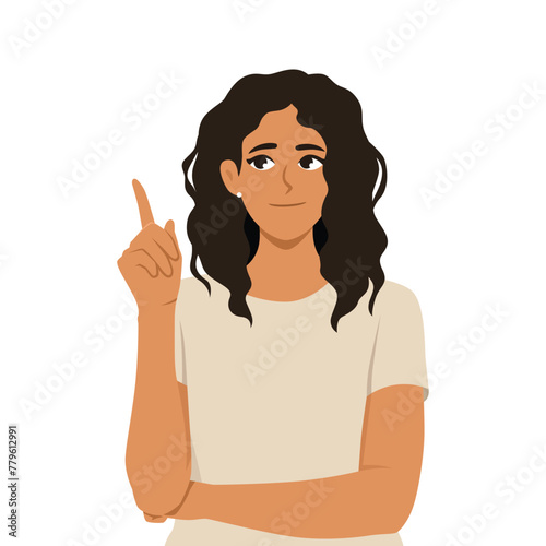 Young beautiful woman pointing to copyspace while thinking of idea. Flat vector illustration isolated on white background