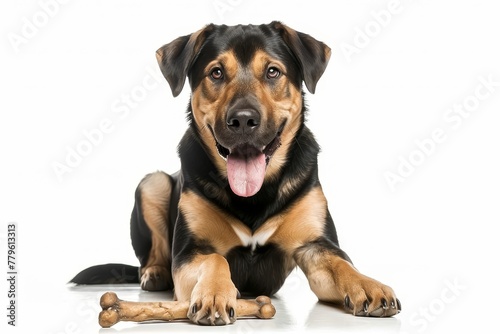 Four year old mixed breed dog sitting with bone in mouth against white background