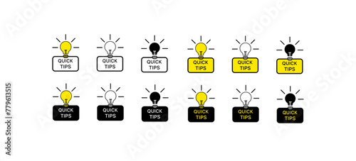 Quick tips icons. Different styles, yellow, light bulb, quick tips signs. Vector icons
