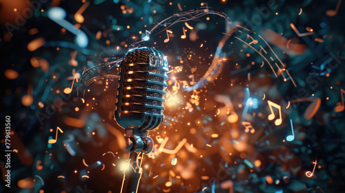 Microphone surrounded by a burst of musical notes and soundwaves. Music with glowing bokeh background, concert, karaoke or performance concept