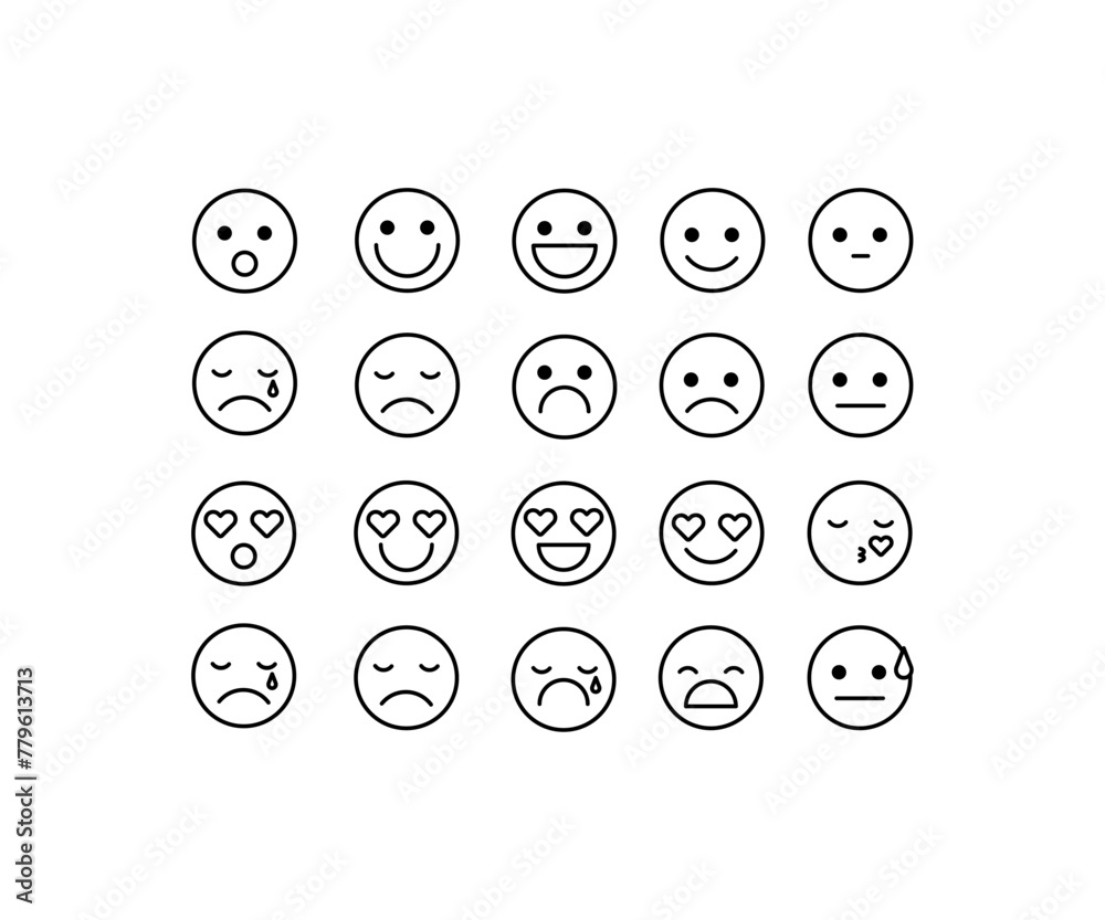 Set of emoticons. Outline, set of emoticons of all emotions, collection of emoticons for chat. Vector icons Set of emoticons. Outline, set of emoticons of all emotions, collection of emoticons for chat. Vector icons
