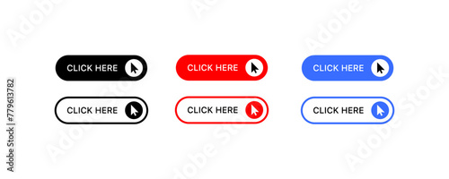 Click here buttons. Flat, color, cursor icons, click here buttons. Vector icons