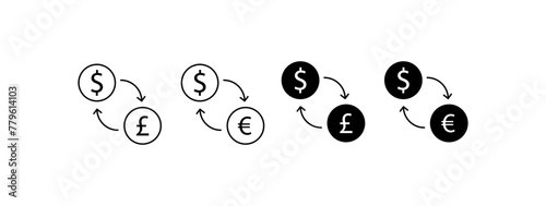 Currency exchange icons. Linear set of dollar to pound and euro exchange, currency exchange icons. Vector icons