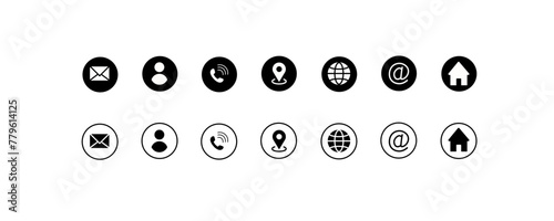 Social media icons set. Linear, envelope buttons, person, handset, location tag, planet, marks, house, social networks. Vector icons