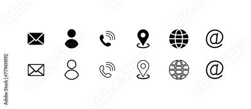 Social media icons set. Linear, envelope buttons, person, handset, location tag, planet, marks, house, social media. Vector icons