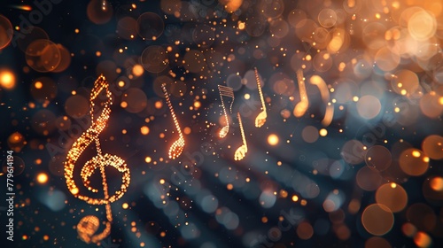 Music notes symbols on glowing blurred lights bokeh background. Concert, karaoke or performance concept banner © eireenz