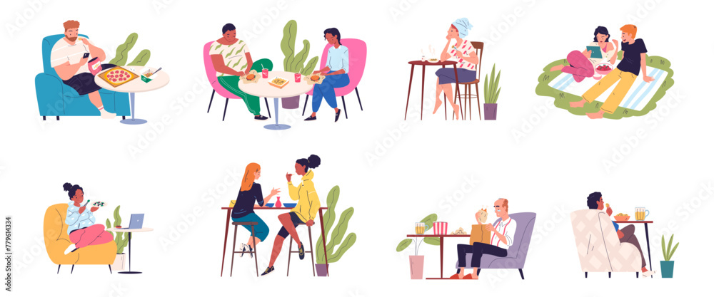 People relax eating. Relaxing leisure cafeteria, couple on chairs eating food in cafe dinner or home, business lunch breakfast coffee break dining meal classy vector illustration