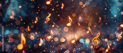 Music notes symbols on glowing blurred lights bokeh background. Concert, karaoke or performance concept banner