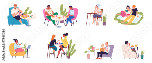 People relax eating. Relaxing leisure cafeteria, couple on chairs eating food in cafe dinner or home, business lunch breakfast coffee break dining meal classy vector illustration