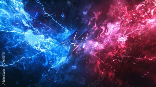 An abstract background in blue and red featuring a versus monogram with lightning bolts and chrome letters, representing team competition photo