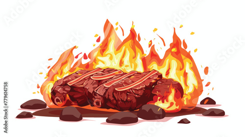 Icon of roasting meat on fire. Flat design. Vector illustration