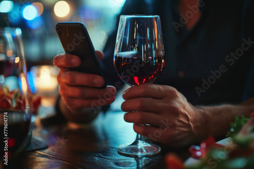 A man in a restaurant or bar holds a glass of red wine in one hand and uses a smartphone in the other, selective focus on the hand 