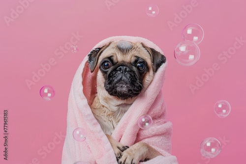 Freshly bathed griffon or pug dog on pink background Wrapped in towel Pet grooming concept Soap bubbles Copy space © VolumeThings