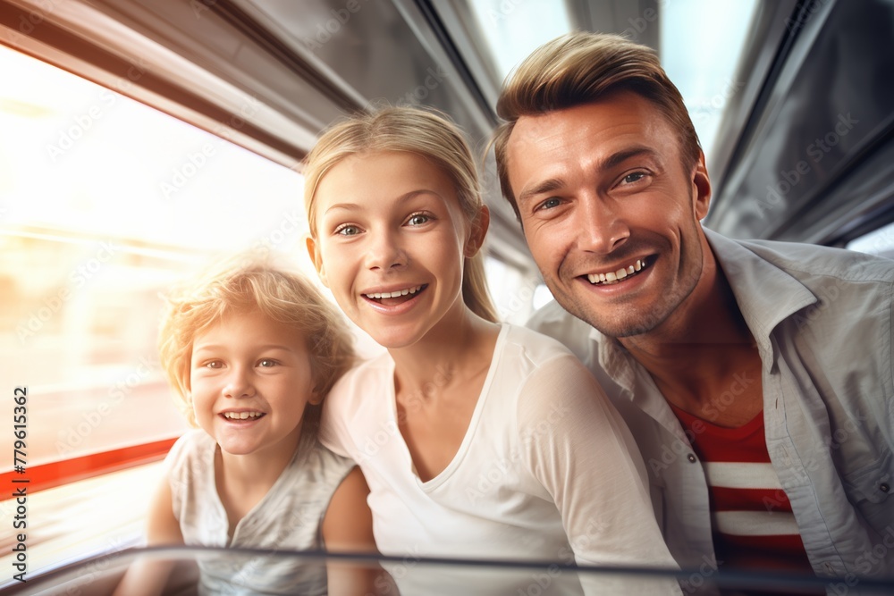 The family is traveling by train across the continent. Beautiful scenery The atmosphere is relaxed and the children are excited about the trip