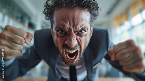 Closeup of Distressed Business Man Screaming with Unfocused Background and Copyspace Headshot with Shallow Depth of Field Portrait