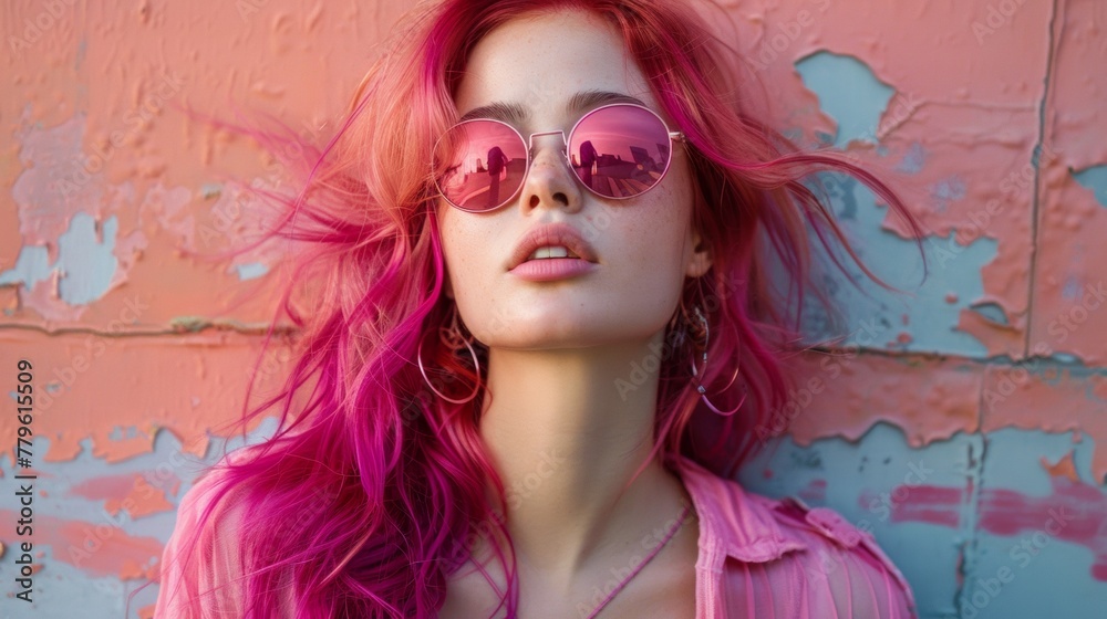 Obraz premium fashion portrait of a beautiful Caucasian woman in pink glasses with bright pink hair, outdoors, outside. bright colourful background on the street