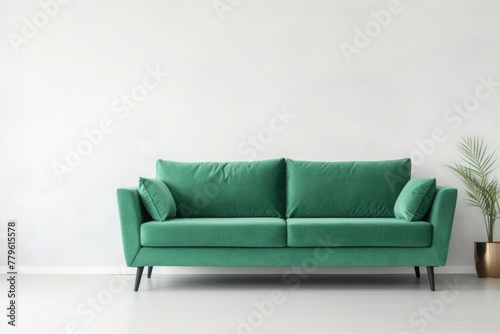 Soft empty green sofa on a white background. Comfortable fabric couch against the white wall. © DK_2020