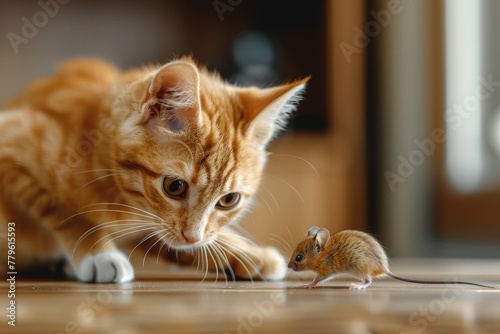 Ginger cat playing with gerbil mouse on table popular