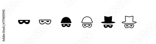 Blindfold icons. Linear, headband with hat, set of mysterious blindfolds. Vector icons