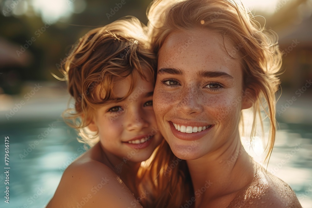 Warm and sunlit image of siblings embracing by the pool, their happiness evident in their smiles Warm and sunlit image of siblings embracing by the pool, their happiness evident in their smiles