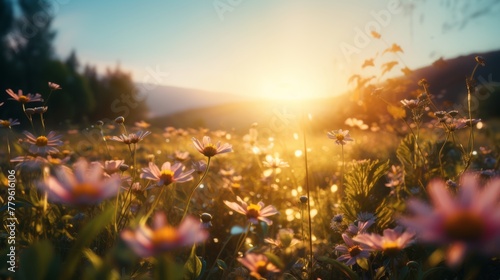 The sun shines through a field of wildflowers. Reflecting the beauty of nature 