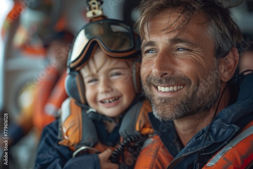 Dynamic image showcasing father and son pilots with genuine smiles in a helicopter cockpit