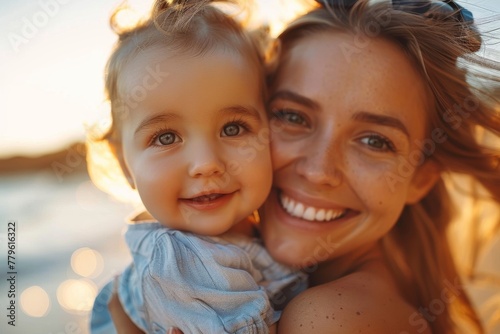 A delightful portrait of a smiling woman and her happy child enjoying sunset at the beach