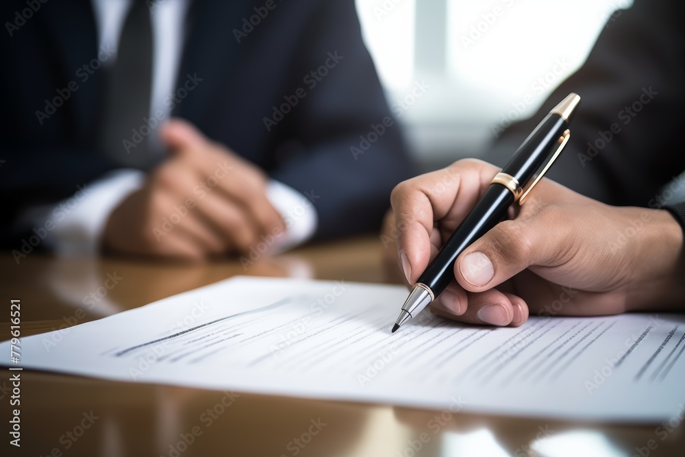 Two businessmen are signing an agreement. Serious atmosphere There is an exchange of documents. 