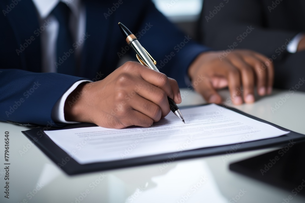 Two businessmen are signing an agreement. Serious atmosphere There is an exchange of documents. Two businessmen are signing an agreement. Serious atmosphere There is an exchange of documents.