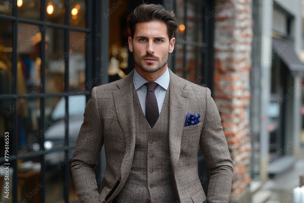 A dapper man confidently showcases a classic style in a tailored brown suit on city streets A dapper man confidently showcases a classic style in a tailored brown suit on city streets