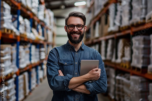 A team leader with his arms crossed and a smile in the middle of a logistics warehouse with shelves and merchandise. Wholesale logistics and storage sector.