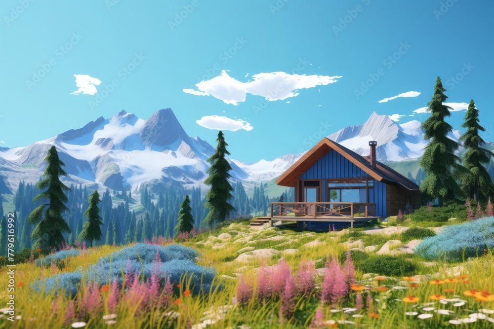 A minimalist mountain retreat. A solitary cabin sits nestled among the towering peaks, surrounded by lush greenery and vibrant wildflowers. The clear blue sky and distant mountain range.