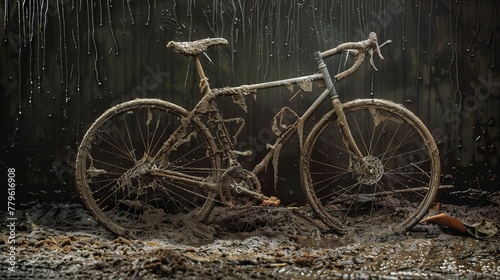 extremely dirty muddy bike close up