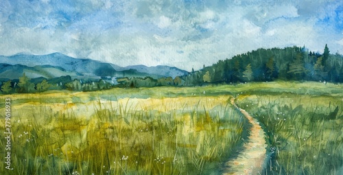 Watercolor paintings of meadows, forests and mountains. Use for wallpaper, posters, postcards,
 brochures, backdrop, scene.