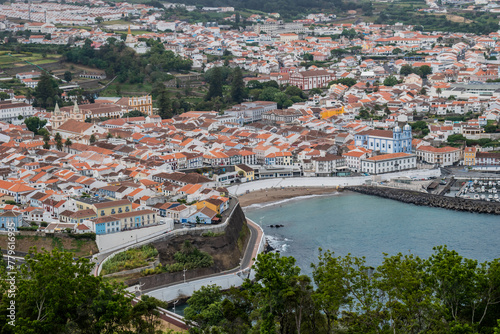 Aerial view of the Prainha bathing area, marina and architecture of downtown of Angra do Heroísmo, Terceira - Azores PORTUGAL