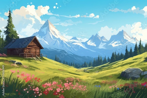 A minimalist mountain retreat. A solitary cabin sits nestled among the towering peaks, surrounded by lush greenery and vibrant wildflowers. The clear blue sky and distant mountain range.