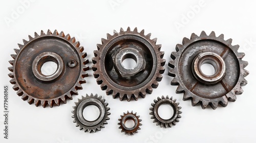 five gears, one larger in the middle and four smaller ones around the larger one, on a white background