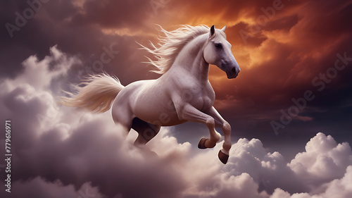 white horse in the  cloudy sunset  AI Generative