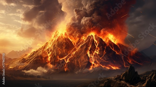 Volcano erupts spewing lava It represents the violent power of nature. photo