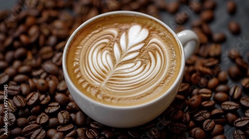 A latte with frothy milk art on top, with coffee beans arranged around the base of the cup photo